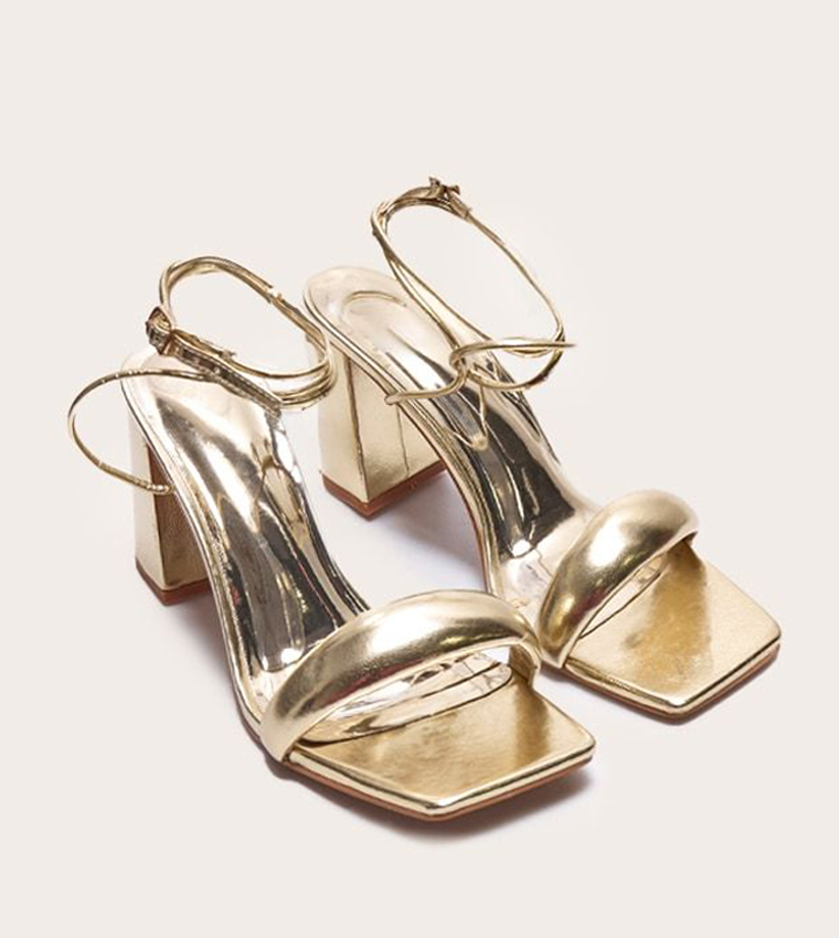 PU Square Toe Quilted Block Heel Sandals