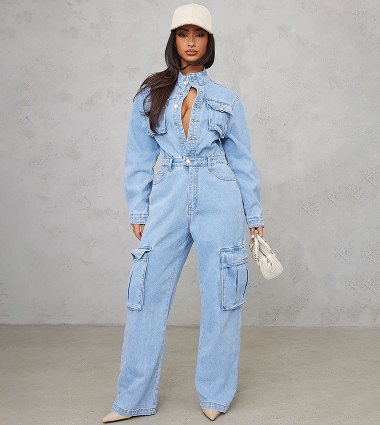 Buy PrettyLittleThing Petite Washed Denim Cargo Wide Leg Jumpsuit