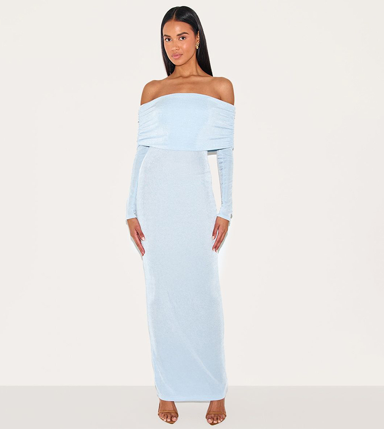Acetate Slinky Bardot Long Sleeves Maxi Dress