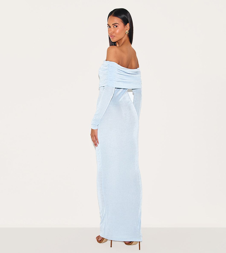 Acetate Slinky Bardot Long Sleeves Maxi Dress