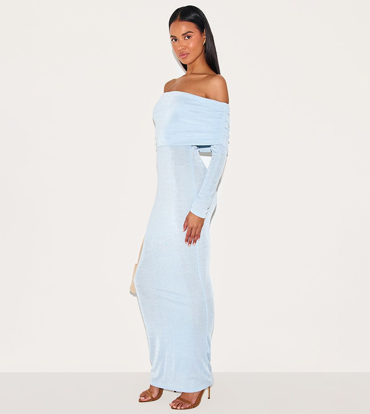 Acetate Slinky Bardot Long Sleeves Maxi Dress