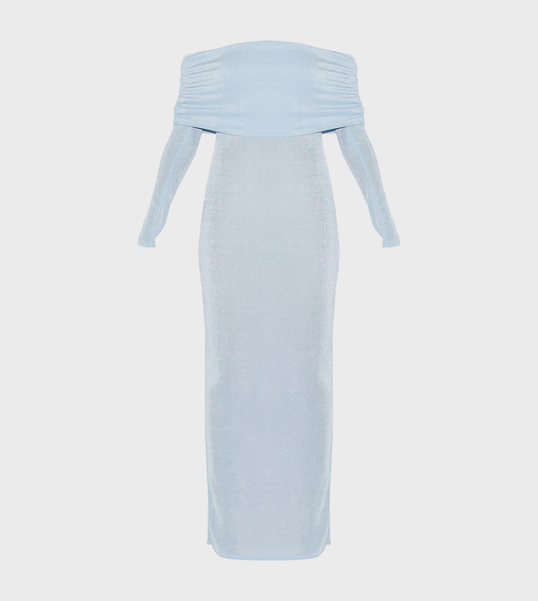 Acetate Slinky Bardot Long Sleeves Maxi Dress