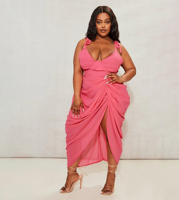 Buy PrettyLittleThing Curve Hot Underwire Detail Draped Midi Dress In Pink  | 6thStreet Bahrain