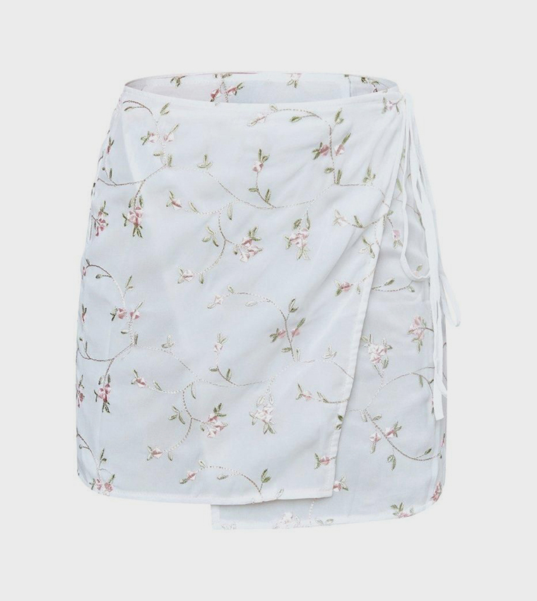 Flower Embroidered Chiffon Wrap Mini Skirt