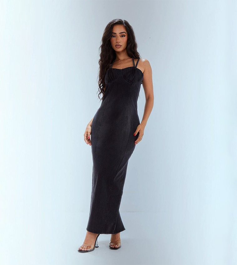Petite Washed Denim Strappy Cup Detail Midaxi Dress