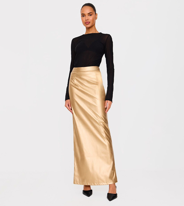 Gold Metallic Faux Leather Maxi Skirt