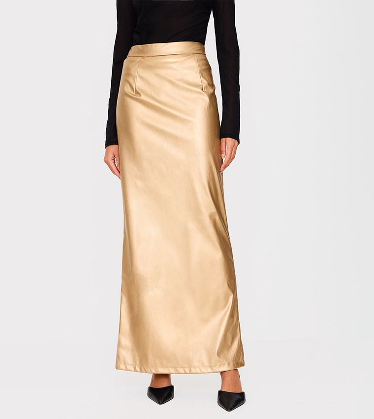 Gold Metallic Faux Leather Maxi Skirt