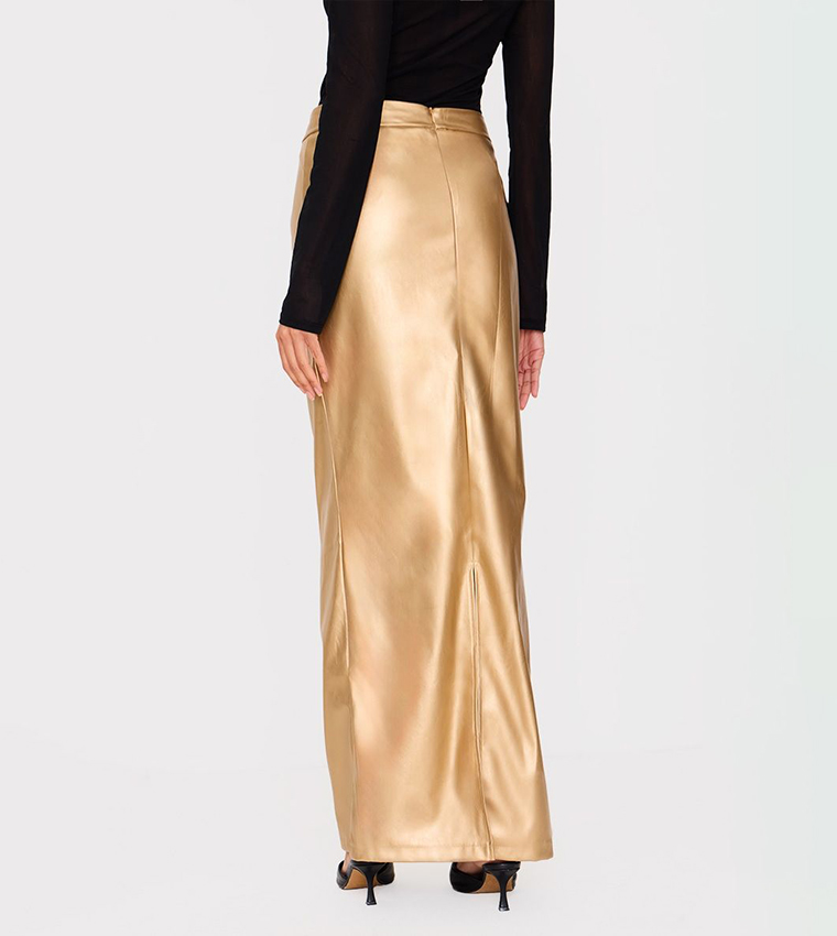 Gold Metallic Faux Leather Maxi Skirt
