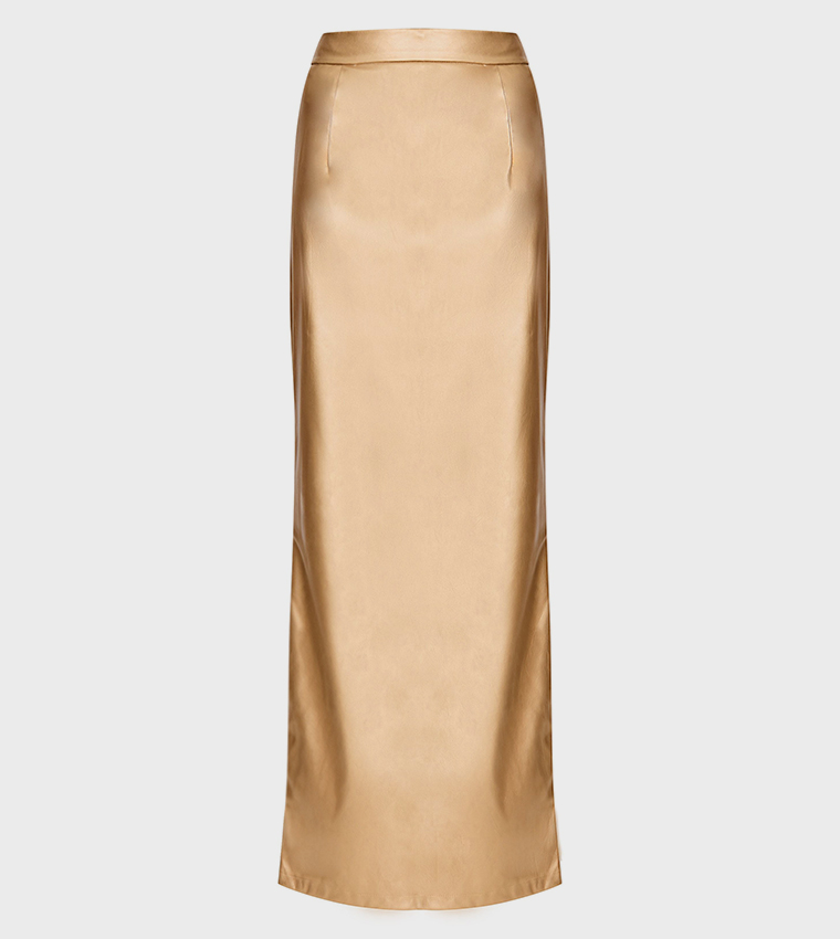 Gold Metallic Faux Leather Maxi Skirt