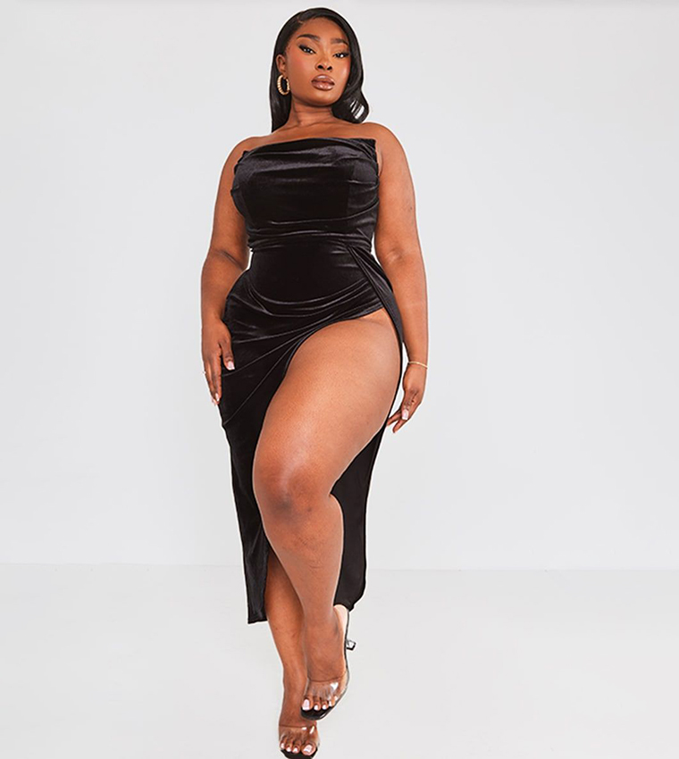 Buy PrettyLittleThing Curve Velvet Boned Strapless Midi Dress In