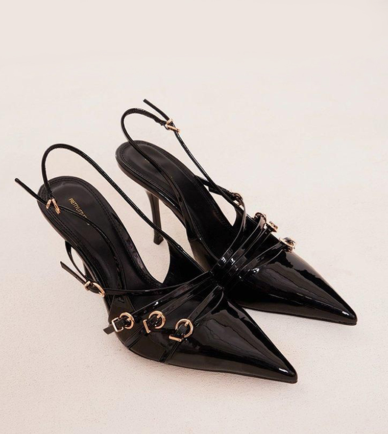 Patent Pointed Toe Multi Buckle Heel Pumps