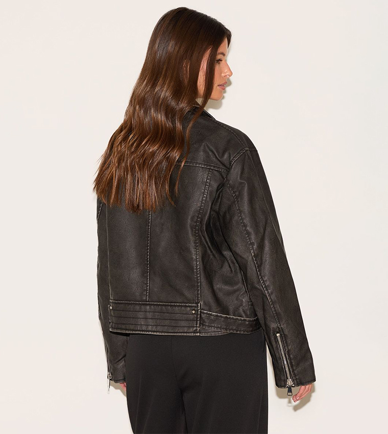Vintage Faux Leather Zip-Up Oversized Biker Jacket