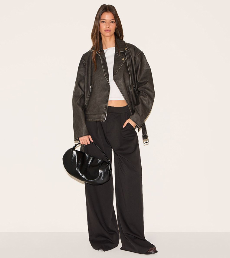 Vintage Faux Leather Zip-Up Oversized Biker Jacket