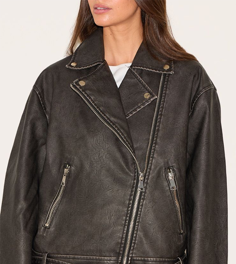 Vintage Faux Leather Zip-Up Oversized Biker Jacket
