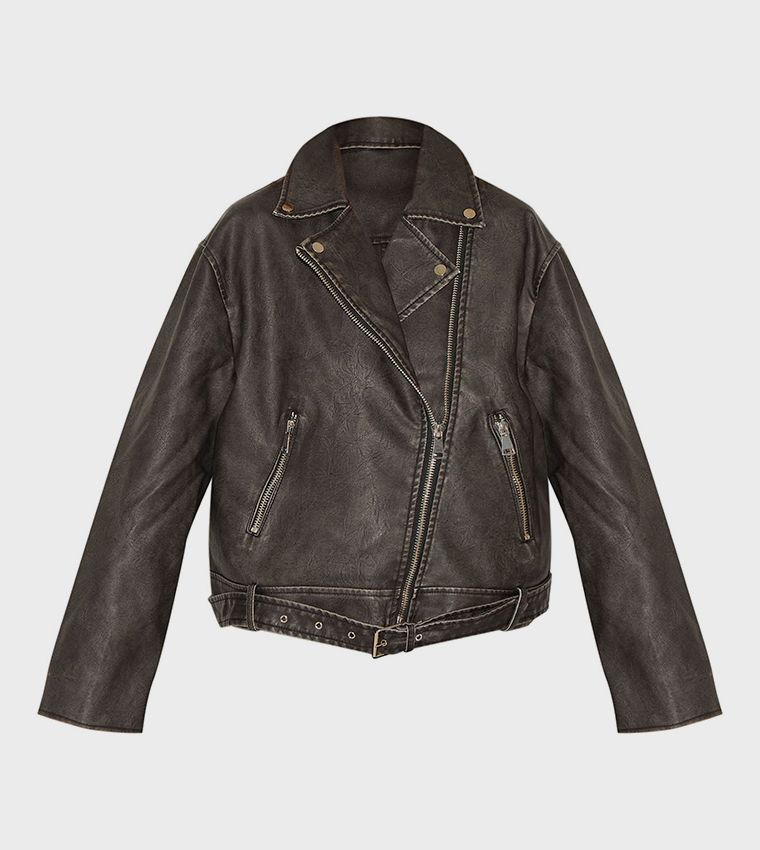 Vintage Faux Leather Zip-Up Oversized Biker Jacket