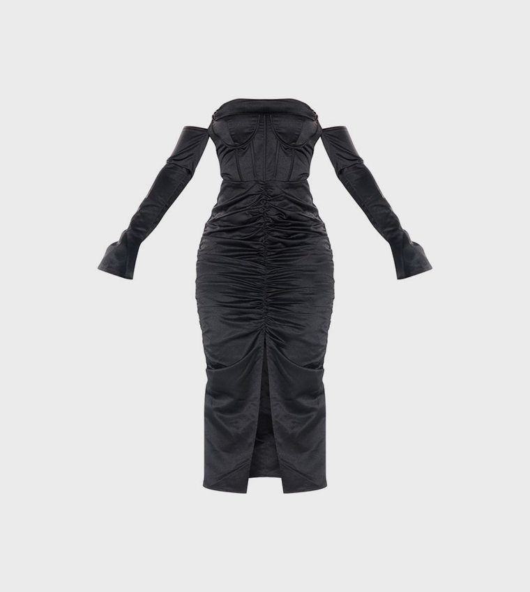 Premium Constructed Satin Draped Front Midi Dress