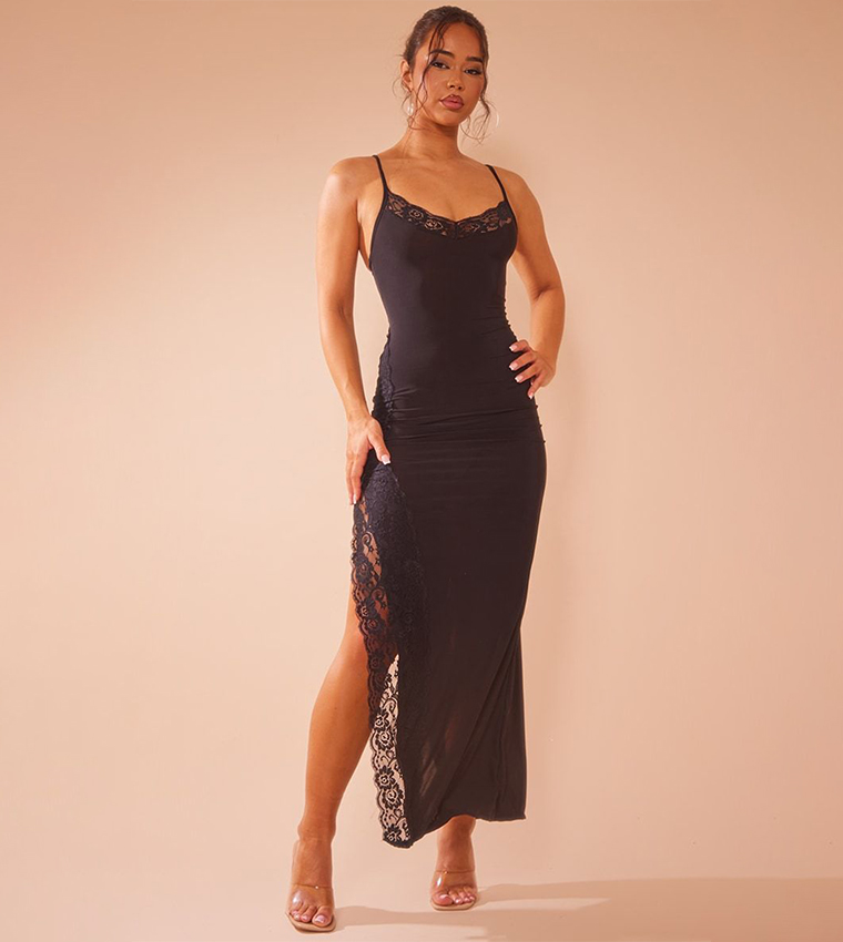 Slinky Lace Trim Split Detail Maxi Dress