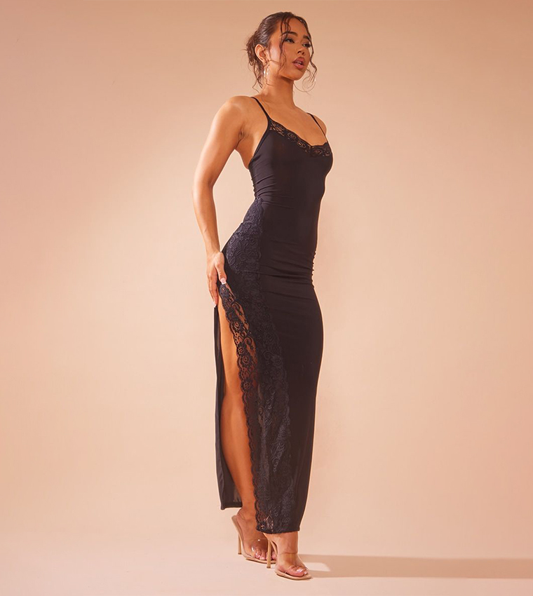 Slinky Lace Trim Split Detail Maxi Dress