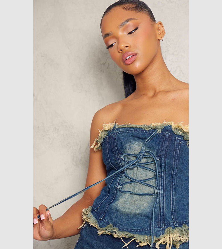 Buy PrettyLittleThing Vintage Extreme Raw Edge Lace Up Denim