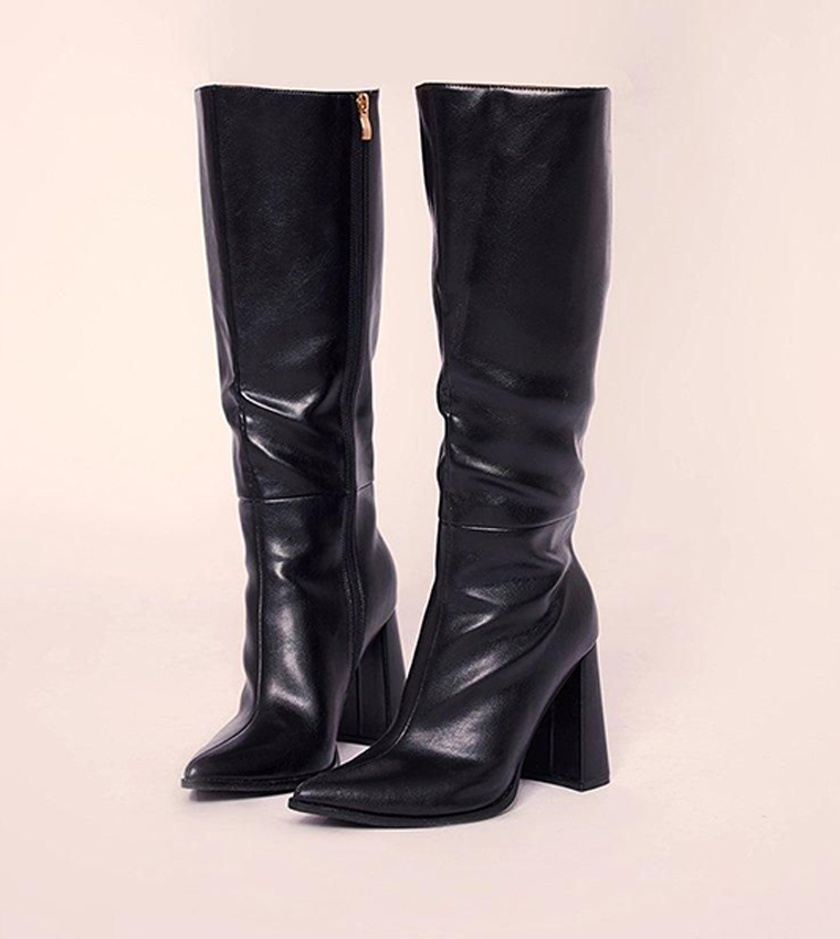 PU Pointed Toe Knee High Block Heeled Boots