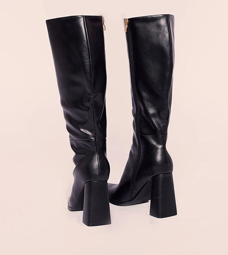 PU Pointed Toe Knee High Block Heeled Boots