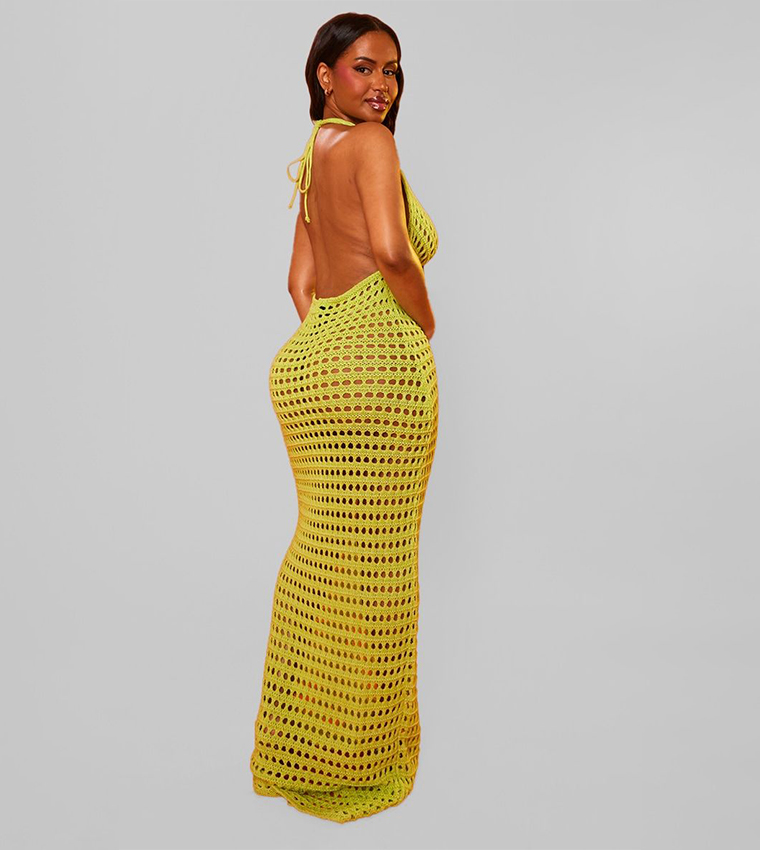 Buy PrettyLittleThing Shape Crochet Knit Halterneck Open Back Beach Maxi  Dress In Green | 6thstreet Qatar