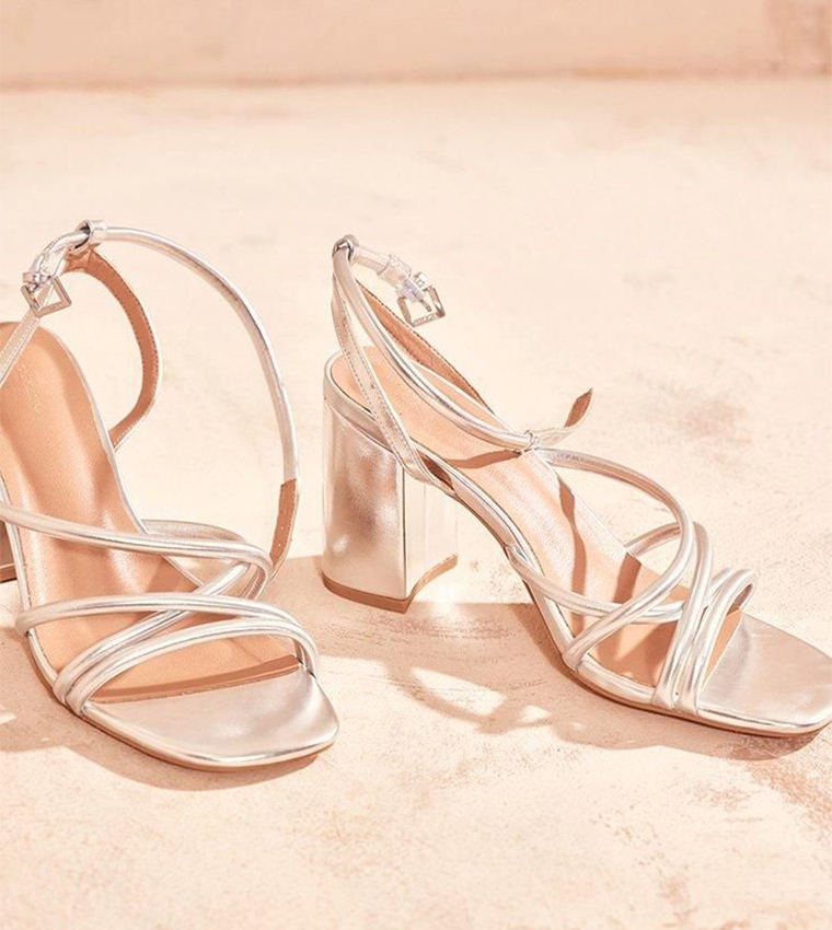 Metallic PU Round Toe Multi Strap Block Heel Sandals