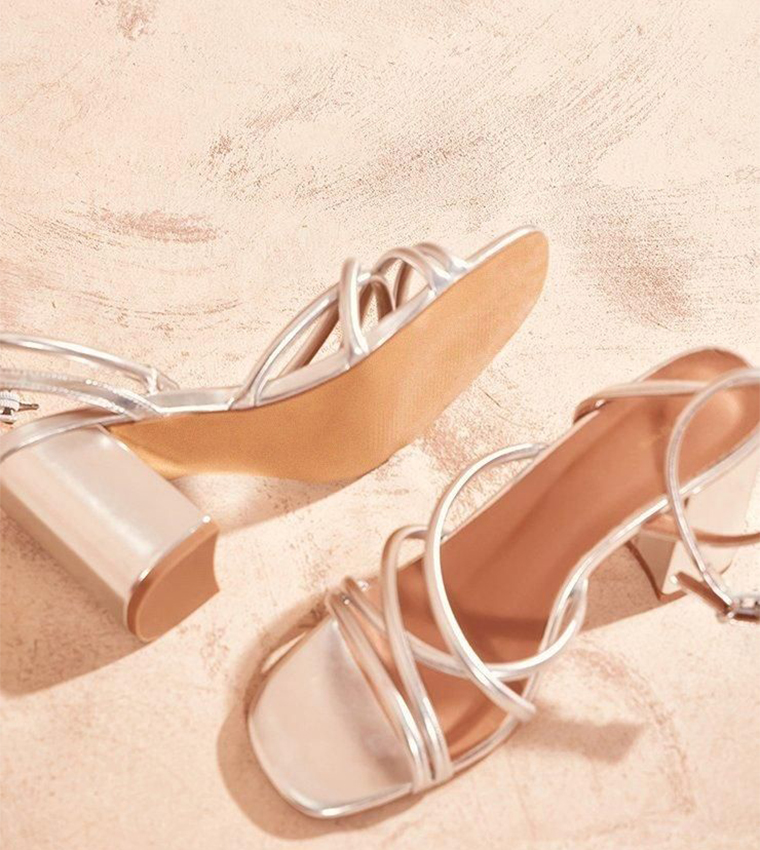 Metallic PU Round Toe Multi Strap Block Heel Sandals