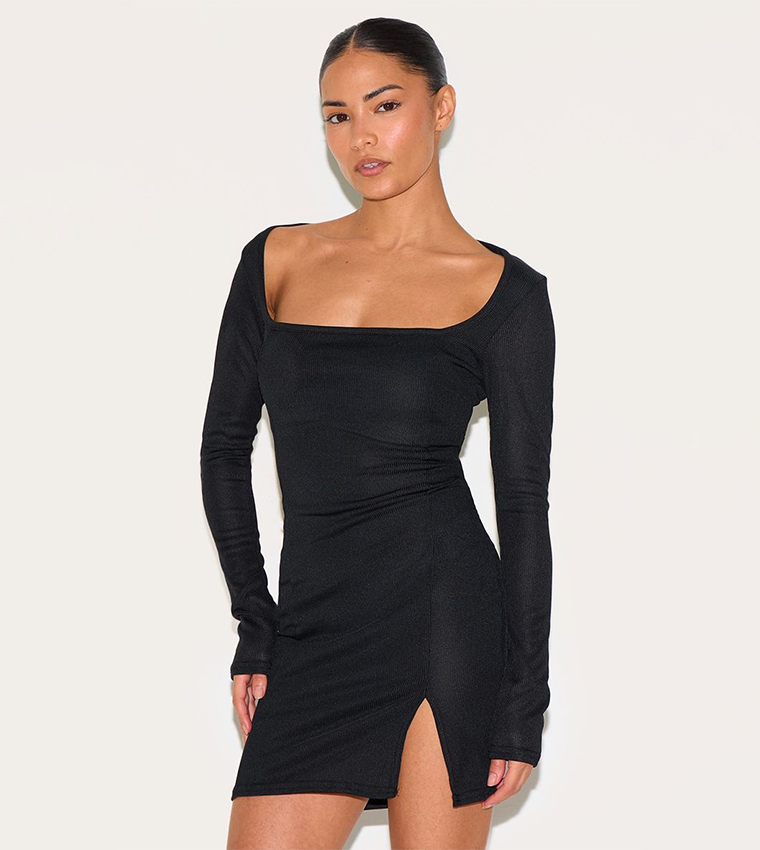 Petite Ribbed Long Sleeves Split Mini Dress