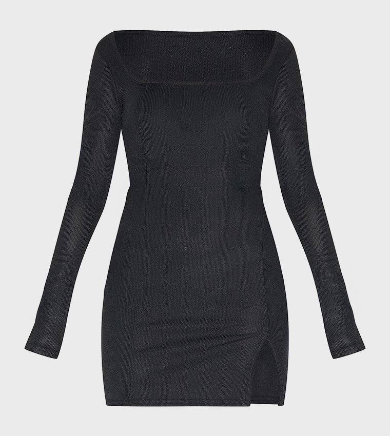 Petite Ribbed Long Sleeves Split Mini Dress