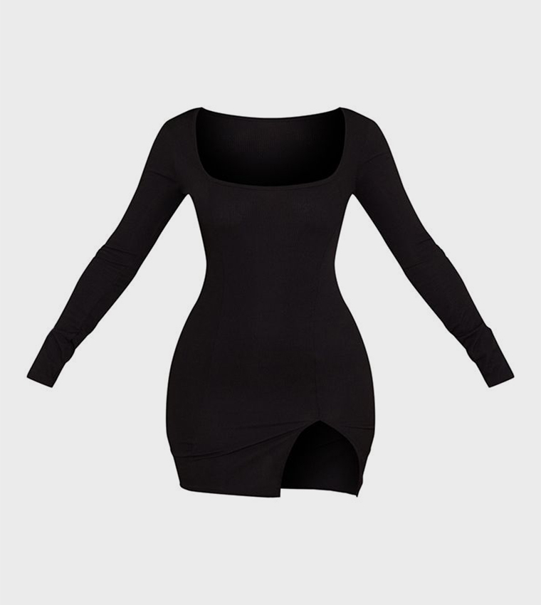 Petite Ribbed Long Sleeves Split Mini Dress