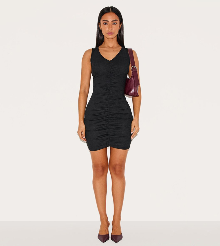 Petite Ribbed Ruched Bodycon Mini Dress