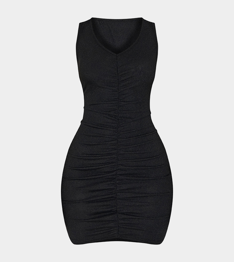 Petite Ribbed Ruched Bodycon Mini Dress