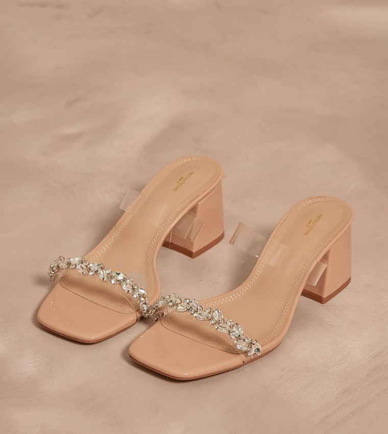 PU Square Toe Jewel Perspex Block Heel Sandals