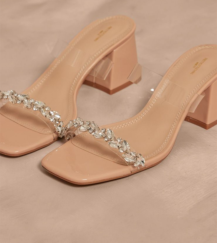 PU Square Toe Jewel Perspex Block Heel Sandals