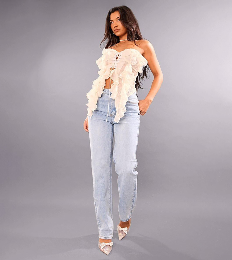 Buy PrettyLittleThing Bandeau Chiffon Ruffle Lace Up Corset Top In