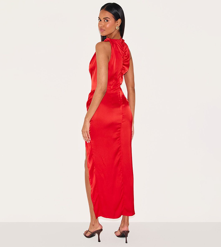 Satin High Neck Ruched Back Detail Midi Dress