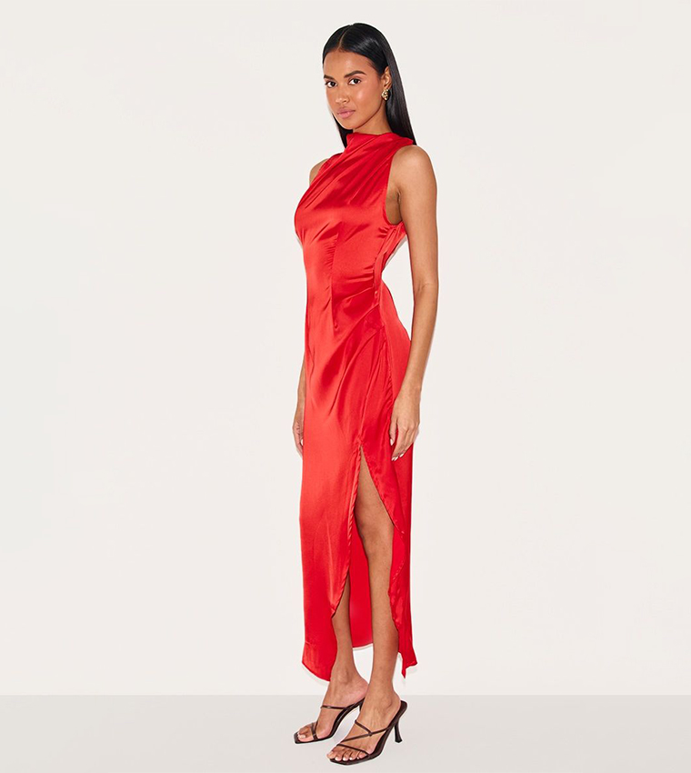 Satin High Neck Ruched Back Detail Midi Dress