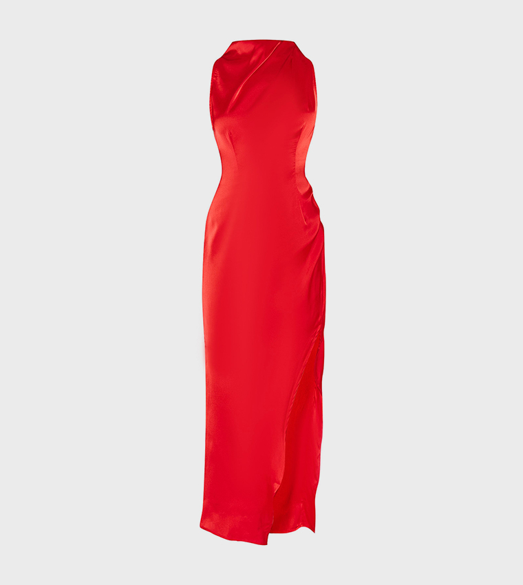 Satin High Neck Ruched Back Detail Midi Dress