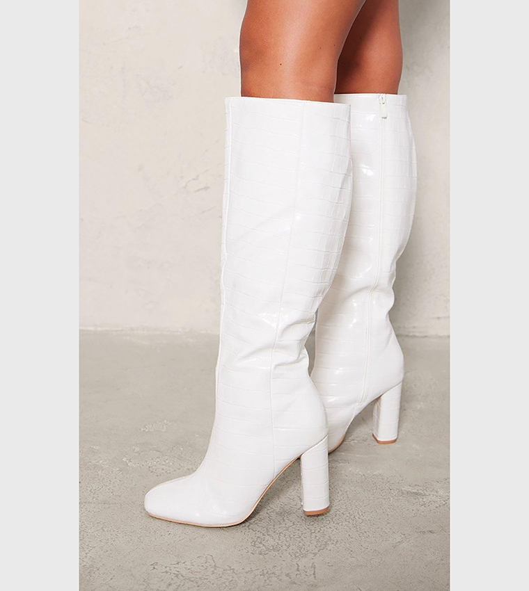 Buy PrettyLittleThing Wide Fit PU Croc Square Toe Block Heel Knee
