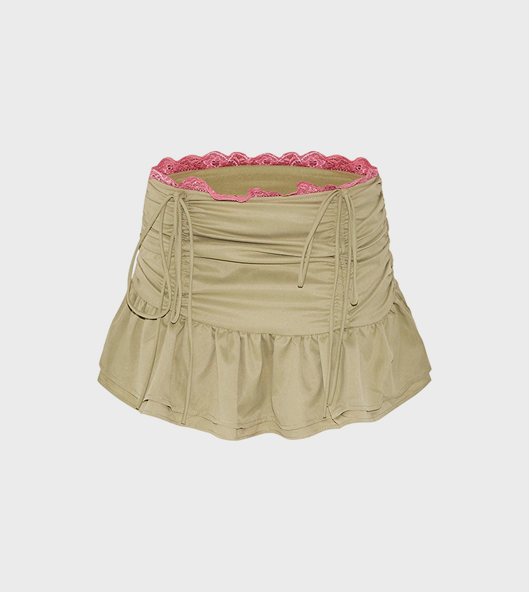 Ruched Front Lace Trim Frill Hem Mini Skirt