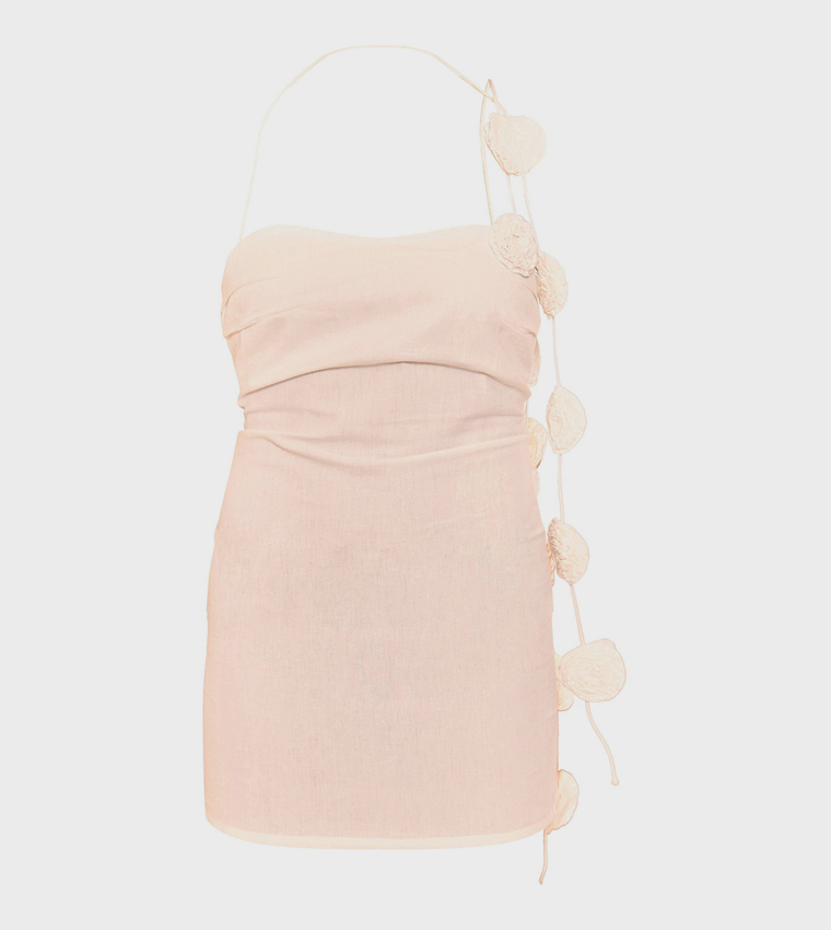 Linen Look Corsage Halterneck Shift Mini Dress