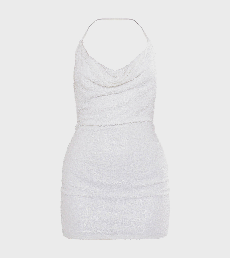 Sequined Tie Cowl Halterneck Bodycon Mini Dress