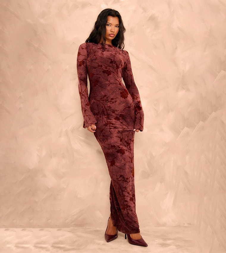 Floral Devore Long Sleeves Maxi Dress