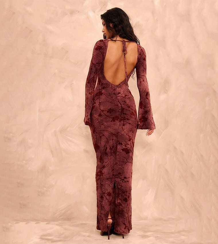 Floral Devore Long Sleeves Maxi Dress