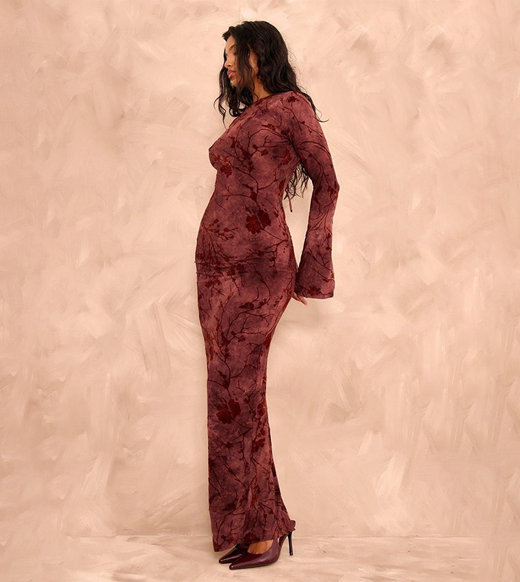 Floral Devore Long Sleeves Maxi Dress