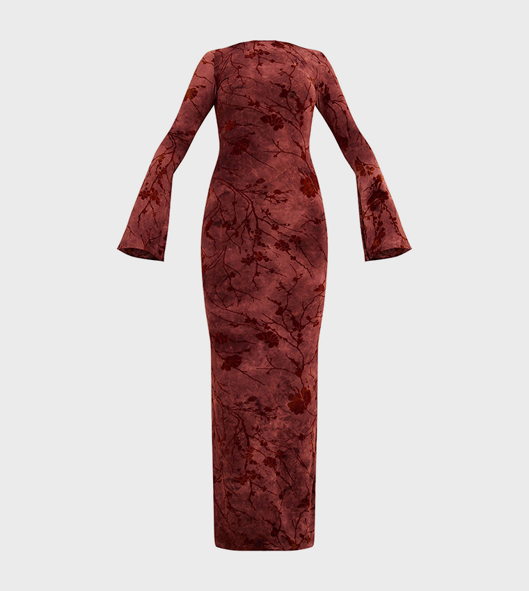 Floral Devore Long Sleeves Maxi Dress