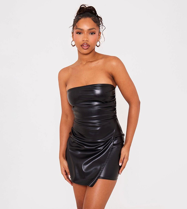 Buy PrettyLittleThing Ruched Faux Leather Bandeau Mini Dress In Black |  6thstreet Oman