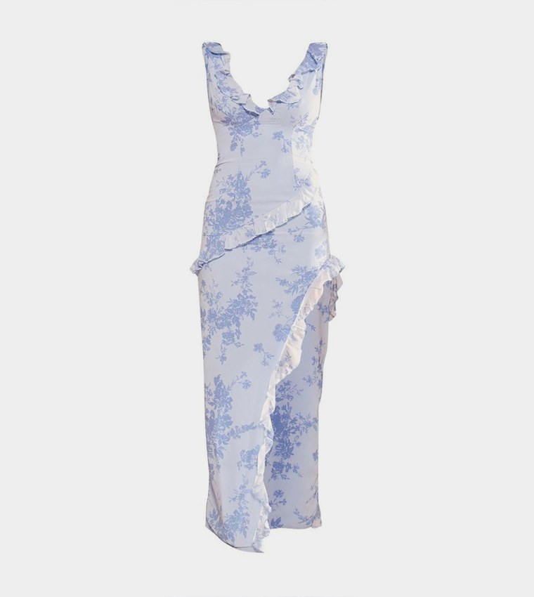 blue floral asymmetric frill split maxi dress Ruched Asymmetric Corset Gown in Floral Multi Print - 12 / Regular