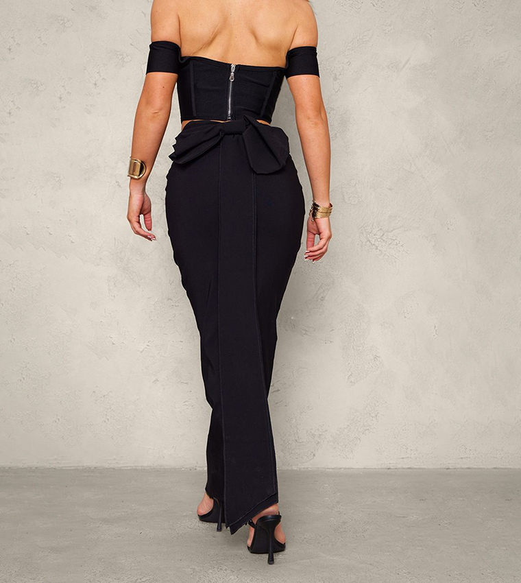 Stretch Woven Oversized Bow Detail Maxi Skirt